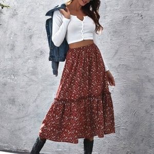 Red Floral Print Bohemian Ruffle Midi Skirt Cottagecore